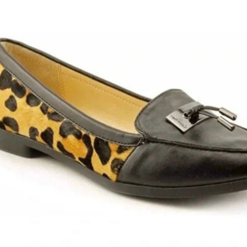 Calvin Klein Kaelinn black leather leopard calf hair slip on loafer shoes Sz 7